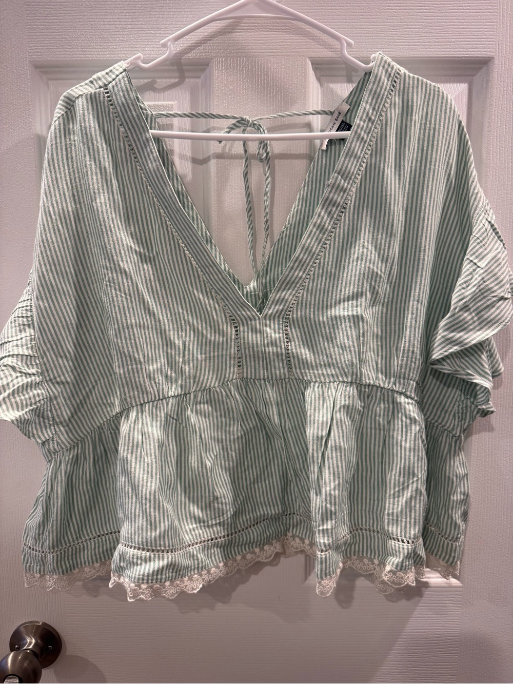 American Eagle Outfitters Light Green and White Striped V-Neck Peplum Top